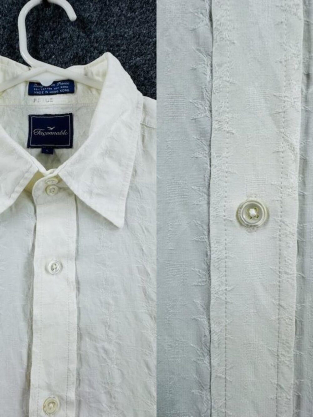 Faconnable Ivory Men Large Cotton Shirt Button Up Long Sleeve Woven Spread Adult